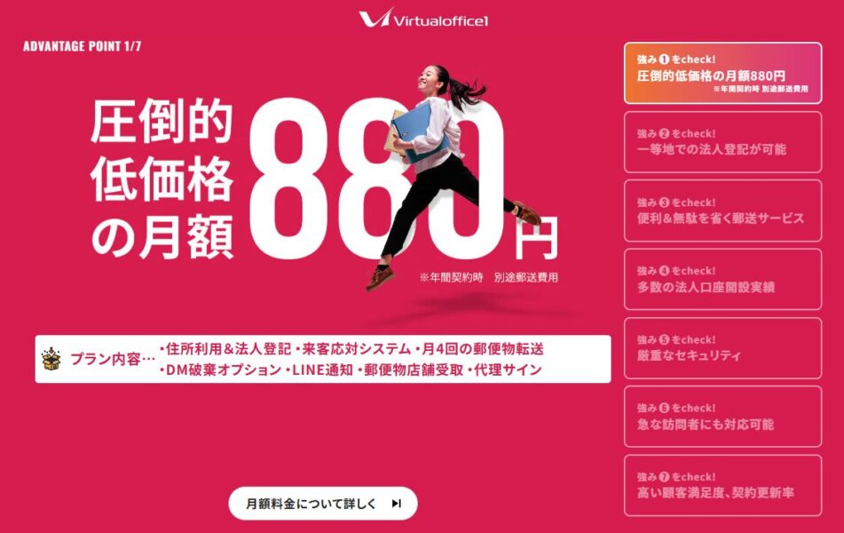 バーチャルオフィス1のPR画像。月額880円で住所利用・法人登記・月4回の郵便転送が可能な圧倒的コスパをアピールしている。